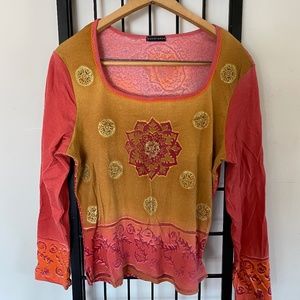 Womans Indian Red, Sandy Taupe and Gold Glitter Top